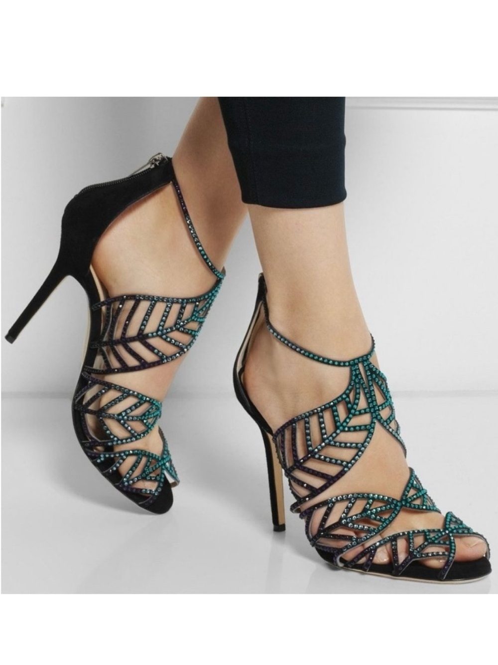 Jimmy Choo Kallai Swarovski Crystal Heels EU 39.5 Black Green Purple